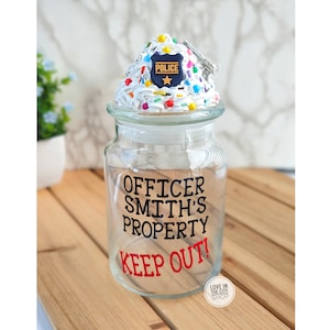 Personalized Police officer candy jar gift, Thank you detective gift, funny cop retirement candy jar, police officer desk jar for snacks