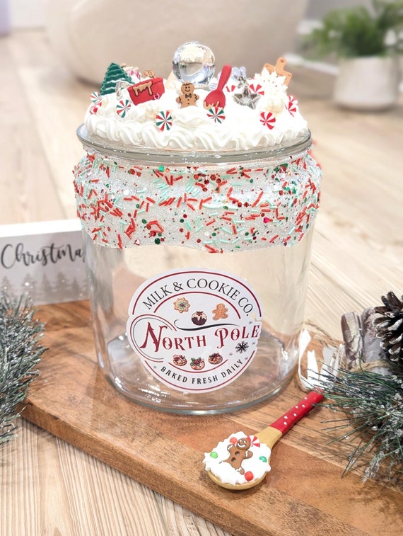 Christmas Cookie Jar With Holiday Decorations Lid Christmas Cookies Holiday Baking Gift Vintage Christmas Label Santa Cookie Canister Etsy