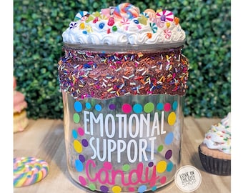 Personalized glass candy jar for emotional support, custom chocolate office candy jar with whipped cream lid, large glass candy jar display
