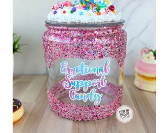 Personalized emotional support candy jar for therapist gift, teacher desk candy jar, custom glitter treat jar, candy theme birthday decor