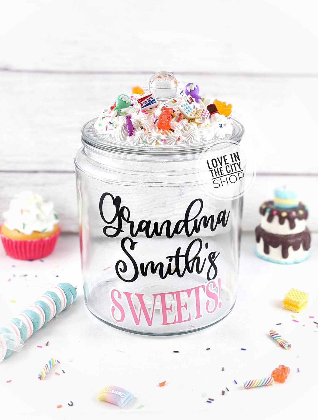 Personalized Large Glass Candy Jar With Lid, Modern Kitchen Cookie Jar