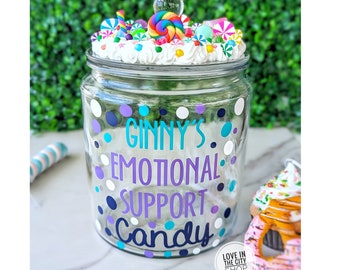 Personalized funny glass candy jar for emotional support, custom office candy jar with whipped cream lid, large glass candy jar for display