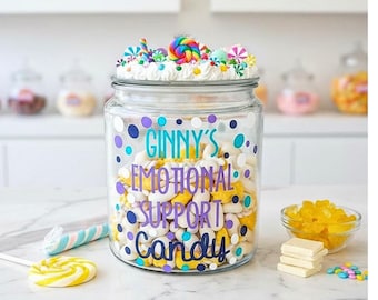 Personalized funny glass candy jar for emotional support, custom office candy jar with whipped cream lid, large glass candy jar for display