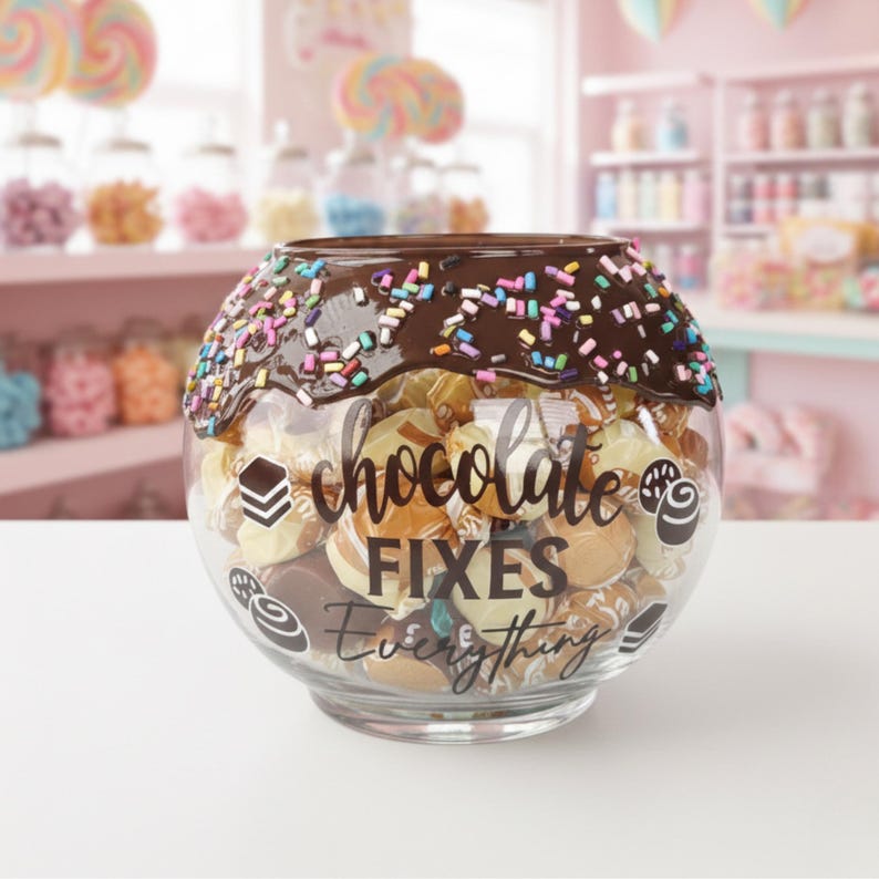 Personalized glass chocolate candy bowl, Chocolate bowl, office candy jar, receptionist candy bowl, Candy Theme party, Teacher jar bild 1
