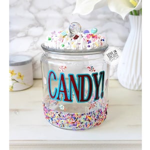 Personalized large glass candy jar sweet display table, custom candy container for candy theme party decor, chocolate office jar, motivation