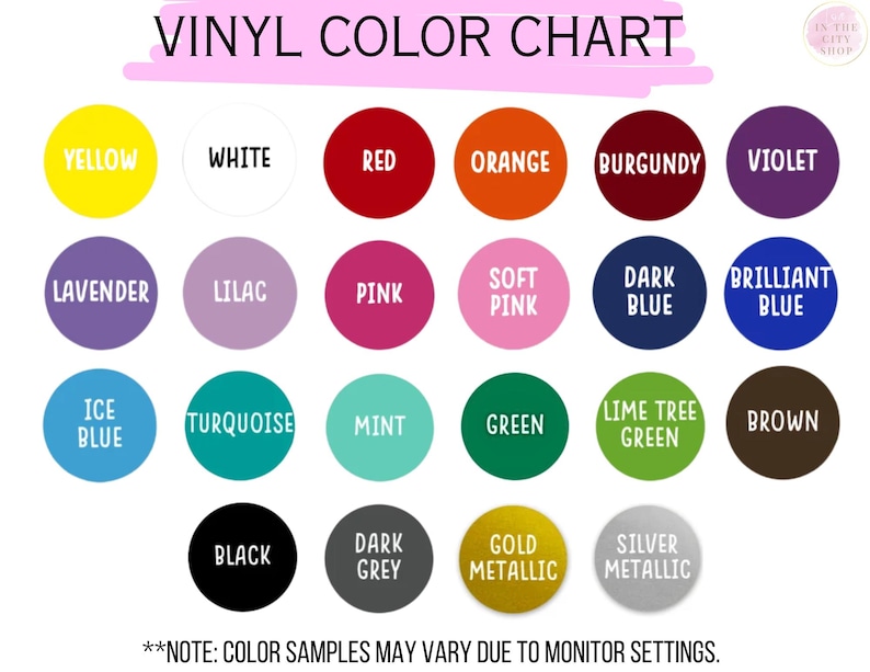 May include: Vinyl color chart with 20 different color swatches. Colors include yellow, white, red, orange, burgundy, violet, lavender, lilac, pink, soft pink, dark blue, brilliant blue, ice blue, turquoise, mint, green, lime tree green, brown, black, dark grey, gold metallic, and silver metallic.