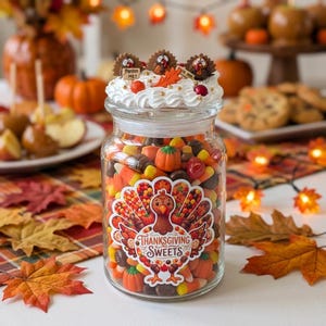 May include: A clear glass jar filled with assorted colorful candies, featuring a label with a turkey illustration and the text "THANKSGIVING SWEETS". The lid is decorated with white frosting, small turkey figures, and gold sprinkles.