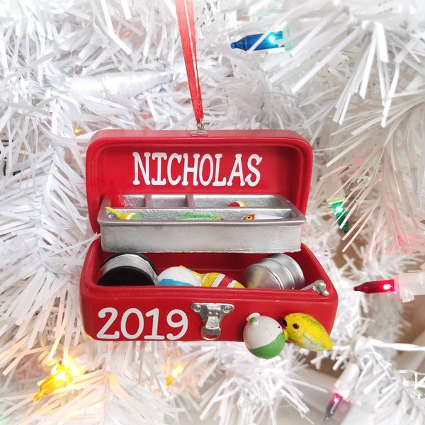 Fishing Ornament, fisherman ornament, name Christmas tackle box, custom dad fishing ornament, personalized grandpa ornament, memorial gift