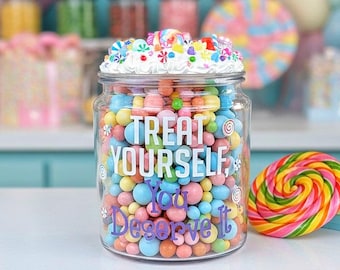 Treat Yourself Glass Candy Jar, Wedding Dessert Sweets Table Display, Candy Sprinkles Centerpiece, Guess The Candy, Chocolate Bark Gift