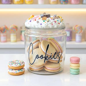 Glass cookie jar with lid, cookie jar for Grandma, Housewarming Gift, Custom snack container, modern round glass cookie canister, office jar