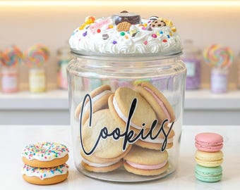 Glass cookie jar with lid, cookie jar for Grandma, Housewarming Gift, Custom snack container, modern round glass cookie canister, office jar