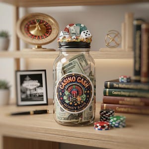 May include: A clear glass jar money bank with a black lid topped with miniature dice, poker chips, and paper currency. The front features a circular label with the text CASINO CASH MONEY BANK, depicting a roulette wheel, chips, and cards.