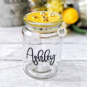 Personalized Bumblebee glass candy jar with lid, honey bee kitchen decor, summer candy bowl, custom Bee Gift, honeycomb style candy jar
