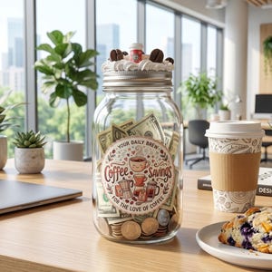 May include: A clear glass jar filled with US paper currency and coins, featuring a label that reads Your Daily Brew Coffee Savings For The Love Of Coffee. The lid is decorated with white whipped cream, coffee beans, and a miniature coffee cup.