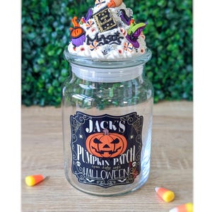 Custom glass Halloween candy jar with fake frosting topper, Halloween candy themed decor, Halloween office dek jar, Halloween candy bowl