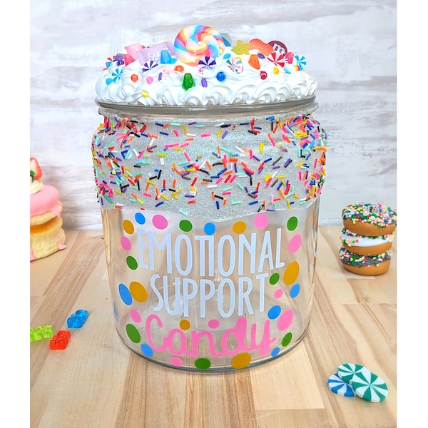 Emotional Support Candy Jar Decor - Sweet Treats Glass Candy Jar Gift - Pastel Colorful Sprinkles Desk Accessory Holder - New Job Coworker
