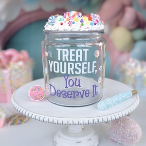 Treat Yourself Glass Candy Jar, Wedding Dessert Sweets Table Display, Candy Sprinkles Centerpiece, Guess The Candy, Chocolate Bark Gift