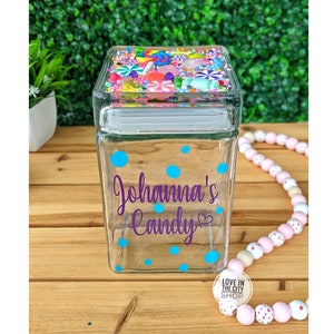 Personalized glass candy jar with lid, candy centerpiece, office candy jar, teacher desk decor, candy theme party candy display treat table