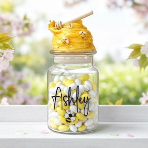 Bumblebee glass candy jar with lid, honeycomb decor, bumblebee candy jar, honeybee decor, fake food decor, honey bee party favor, treat jar