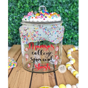 Custom College candy jar, College Bed Party Decor, personalized glass cookie jar lid, college dorm decor, High School Graduation Acceptance