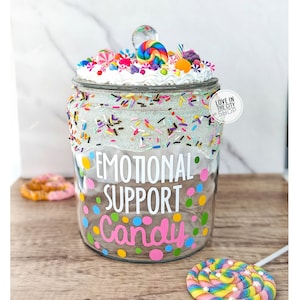 Personalized funny glass candy jar for emotional support, custom office candy jar with whipped cream lid, large glass candy jar for display image 1