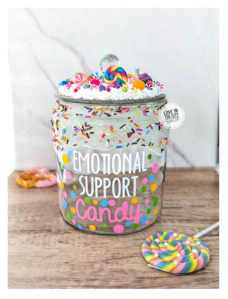 Personalized funny glass candy jar for emotional support, custom office candy jar with whipped cream lid, large glass candy jar for display image 1
