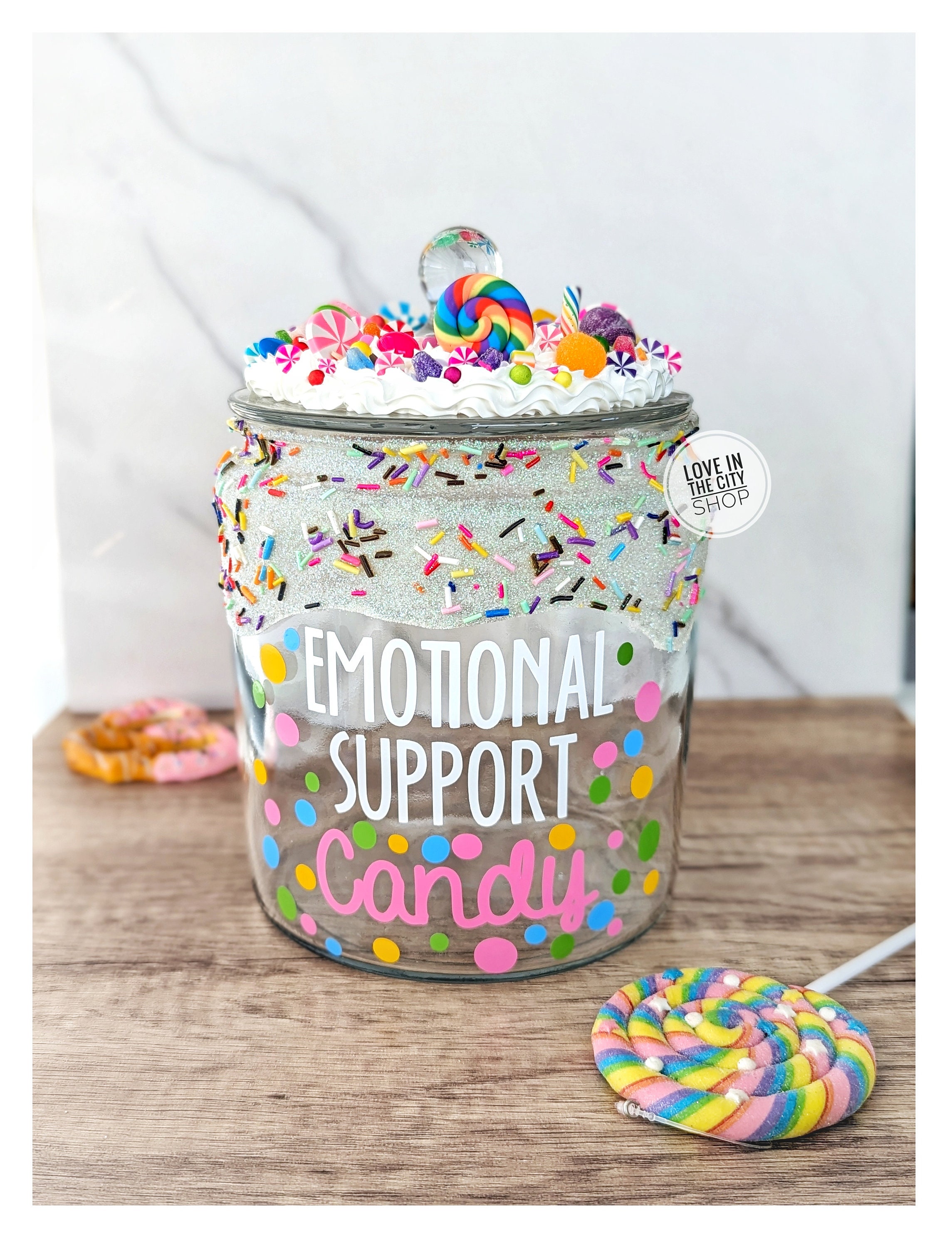 Emotional Support Candy Ceramic Candy Jar with Bamboo Lid and Fake