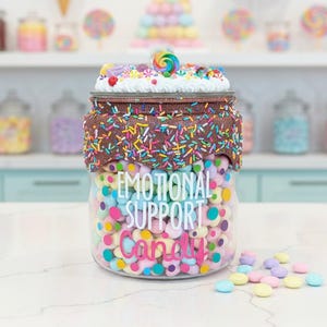 Personalized glass candy jar for emotional support, custom chocolate office candy jar with whipped cream lid, large glass candy jar display