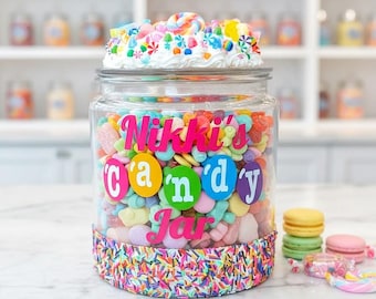Personalized Candy Jar with Sprinkles | Custom Name Candy Dish | Whimsical Room Decoration Colorful Candy Station, Rainbow Party Centerpiece