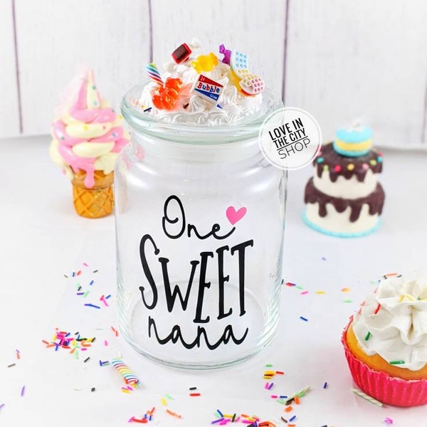 Personalized grandma glass candy jar with airtight lid, new grandma gift, whipped cream. Fake food decor, jar for snacks, custom cookie jar