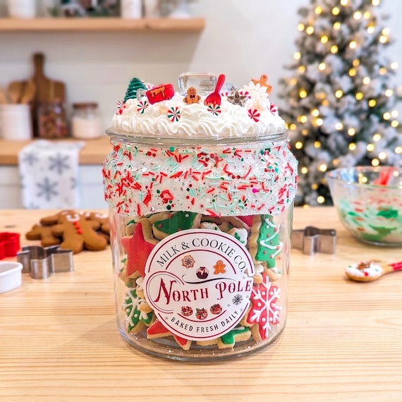 Christmas cookie jar with holiday decorations lid, Christmas cookies Holiday Baking gift, Vintage Christmas Label, Santa Cookie Canister