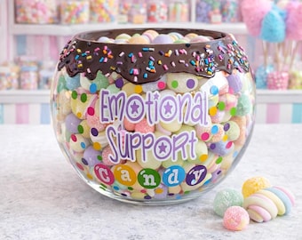 Personalized glass chocolate candy bowl, Coworker Emotional Support Candy office candy jar decor, Candy Jar for Office, Teacher Desk Gift