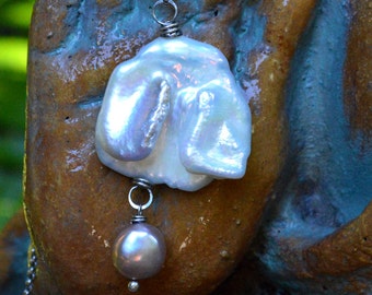 Sumptuous Natural Freshwater Pearl Necklace Sterling Silver Rolo Chain Mauve Pearl  and Keshi Pearls