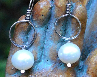 Handmade Sterling Silver Hoop Earrings, Natural Freshwater Pearl Dangle
