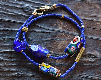 Vintage Millefiori Murano Glass Bracelet, Aventurina Art Glass, Royal Blue
