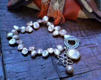 Pink Keshi Pearl Bracelet, Sterling Silver Flower Clasp, 7 Inch