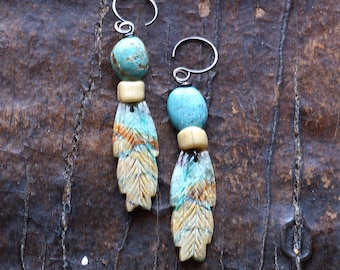 Hand Carved Chrysocolla Feather Earrings with Turquoise, Copper Wire – Artisan Dangle Jewelry