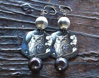 Enameled Owl Earrings: Sterling Silver, Freshwater Pearls, Vintage Beads