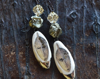 African Mask Dangle Earrings: Clay, Pyrite, and Crystal Beads
