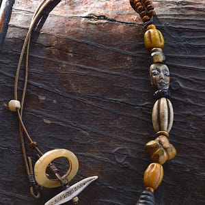 Earth Elements! Tribal Clay Face Totem Necklace Hand Carved Turquoise Flower Horn Bone Rustic Bohemian Assemblage Necklace Foxpaws Amulet XO