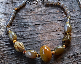 Handmade Mustard Jade Choker Necklace, Agate & Jasper Beads, Copper Clasp