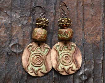 Tribal Turtle Ceramic Clay Dangle Earrings Rustic Earthy Artisan Hand Made Beaded Earrings One of a Kind