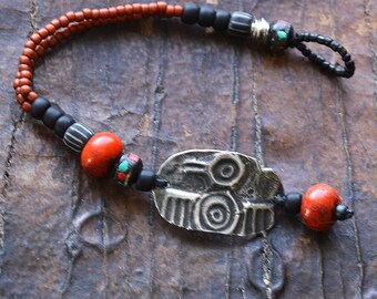 Native American Inspired Bird Rising Mala Bead Bracelet: Rustic Pewter, Sponge Coral, Tribal Jewelry
