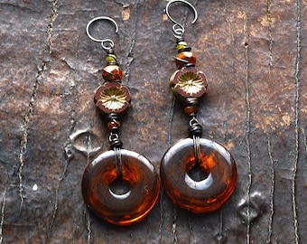 Bohemian Lucite Hoop Earrings, Czech Glass Dangle, Retro Tortoise