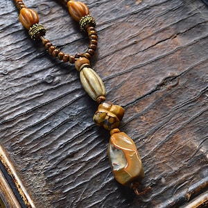 Earthy Mustard Agate Hand Carved Turquoise FlowerTotem Necklace Horn Beads Antique Venetian Beads Rustic Tribal Bohemian Assemblage Necklace