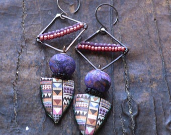 Tribal Shield Dangle Earrings, Copper, Purple Clay Beads