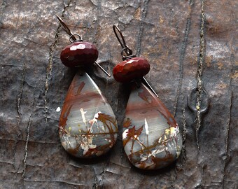 Picasso Jasper Earring Multi-Color Teardrop Jasper Sienna Brown Soft Gray Maroon Ivory Faceted Mookaite