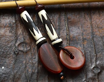 Tribal Boho Earrings, Bone and Wood Dangle Earrings, Ethnic Jewelry