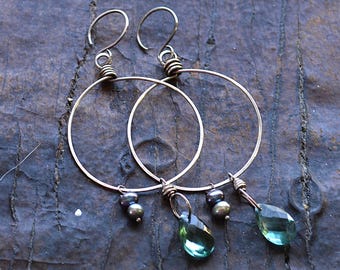 Sterling Silver Hoop Earrings with Freshwater Pearls and German Glass Dangles