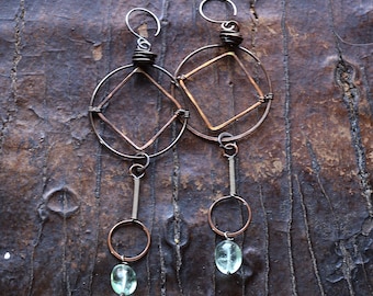 Hand Hammered Copper Hoop Earrings Fluorite Gemstones Sterling Silver Wraps Boho Dangle Jewelry